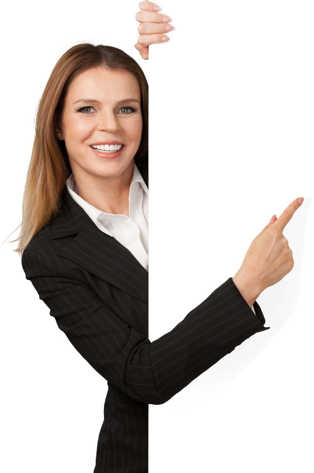 Woman in a Suit Pointing to the Side 